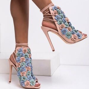 Floral Embellished Lace-Up Heels